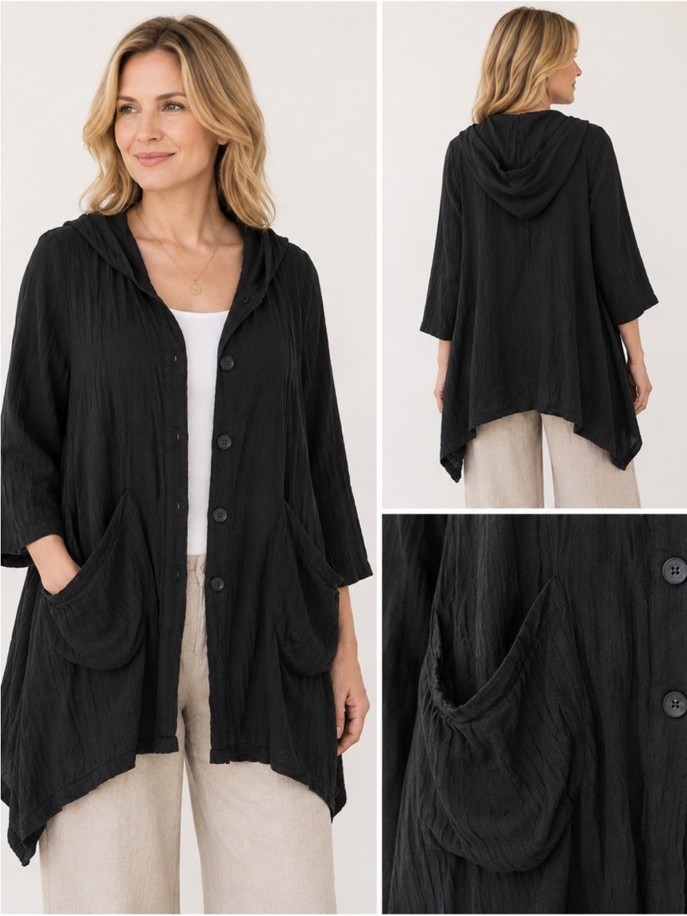 Size L Red Coral Women’s Black 100% Linen Hooded Lagenlook Jacket Tunic - Picture 2 of 9